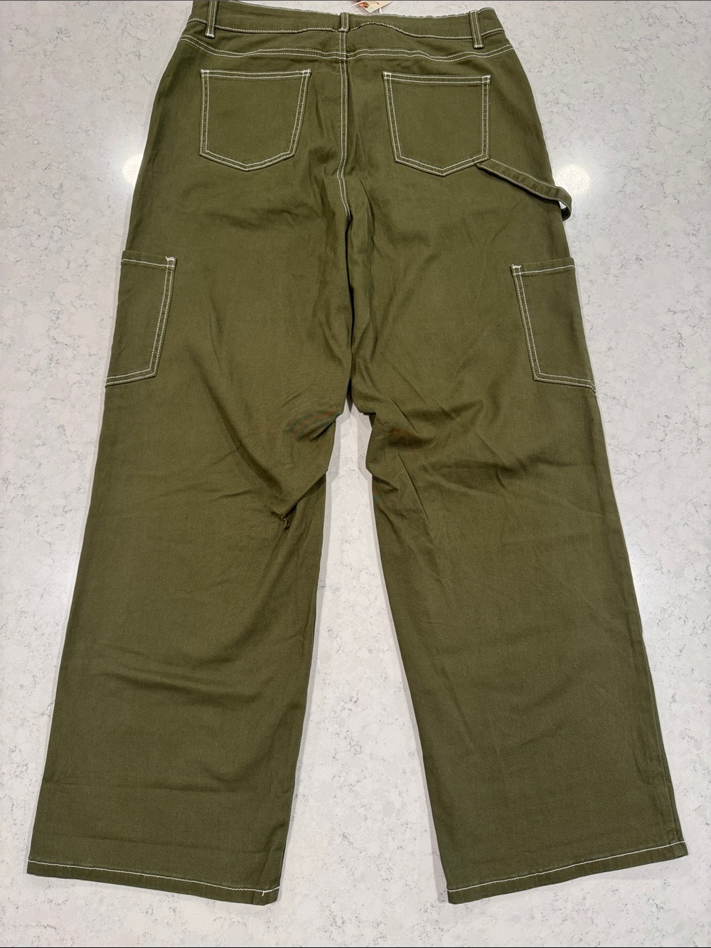 NWT DOKOTOO Sz 14 Olive Carpenter Utility Cargo High Waist White Stitch Stretch - Picture 5 of 16